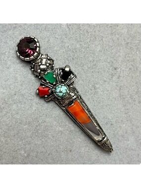 Vintage Multistone Dagger Brooch Silver Tone Fantasy Boho Athame Pin VTG costume